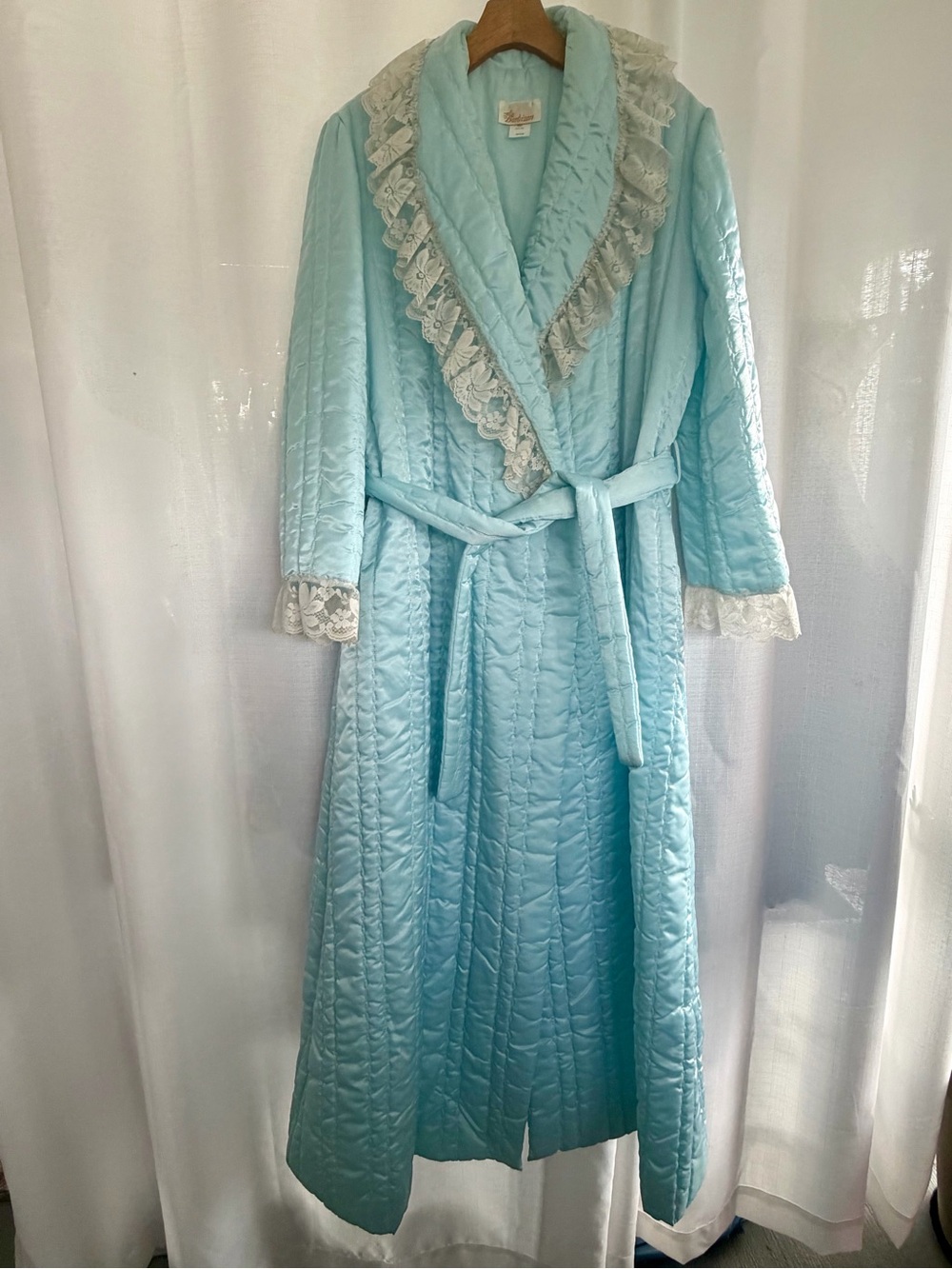 Vintage Barbizon Aqua Blue Satin Robe Medium Lace Trim Quilted Full Length